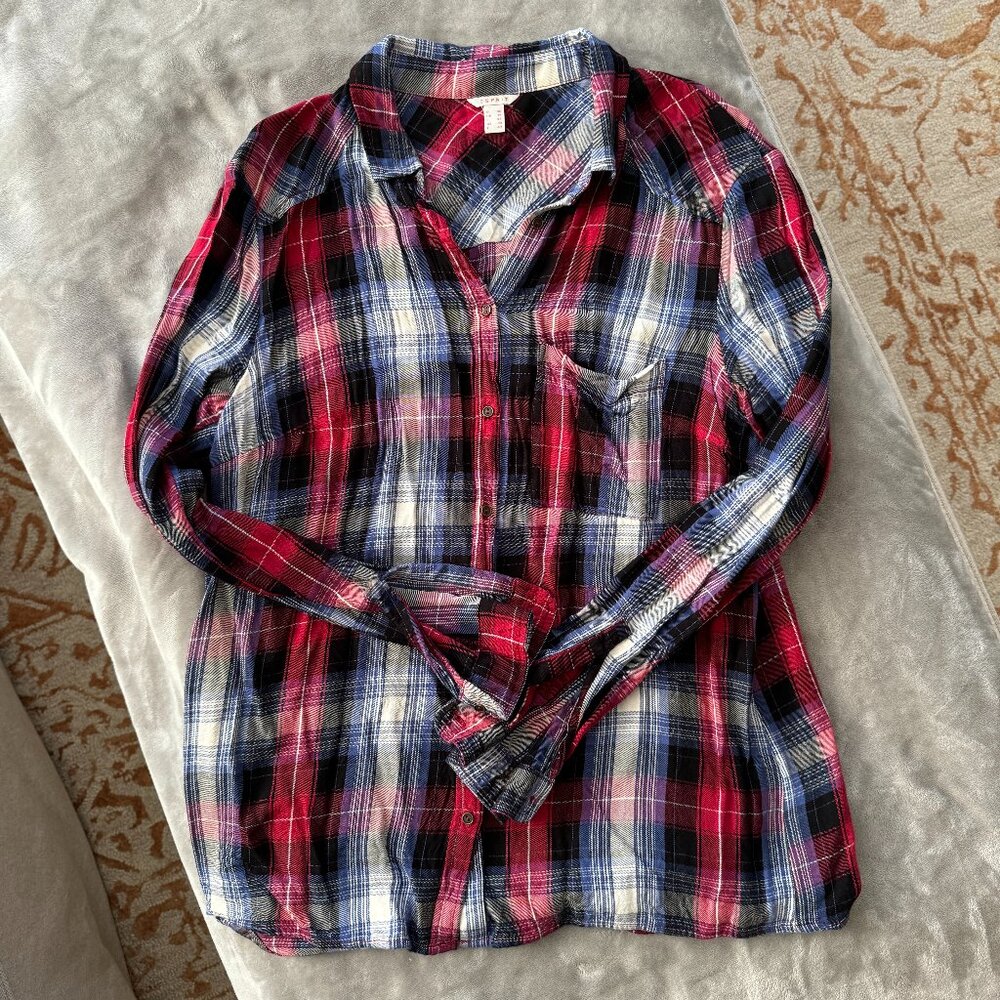 EUC Esprit Red, White, Black & Blue Plaid Button Down Shirt Sz 10